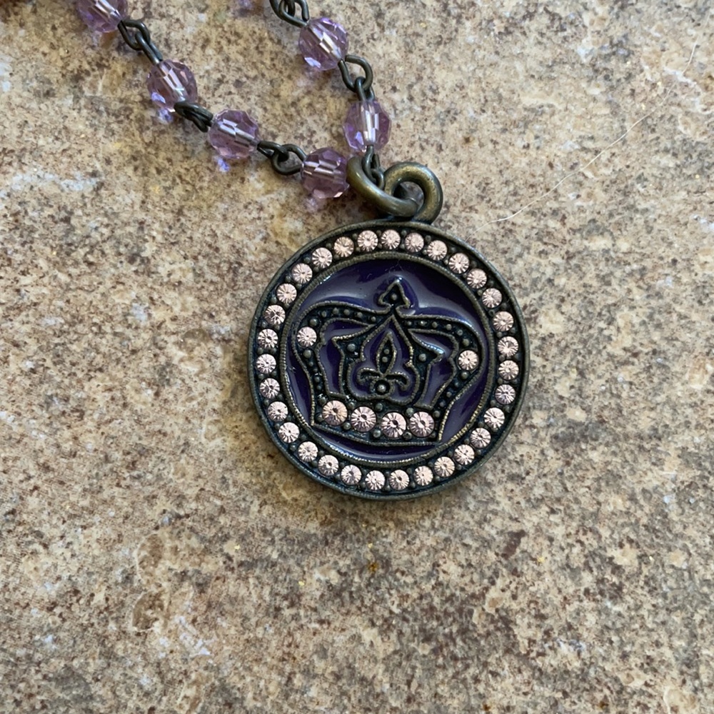 Dark purple pendant. Lighter purple rhinestones. Necklace.